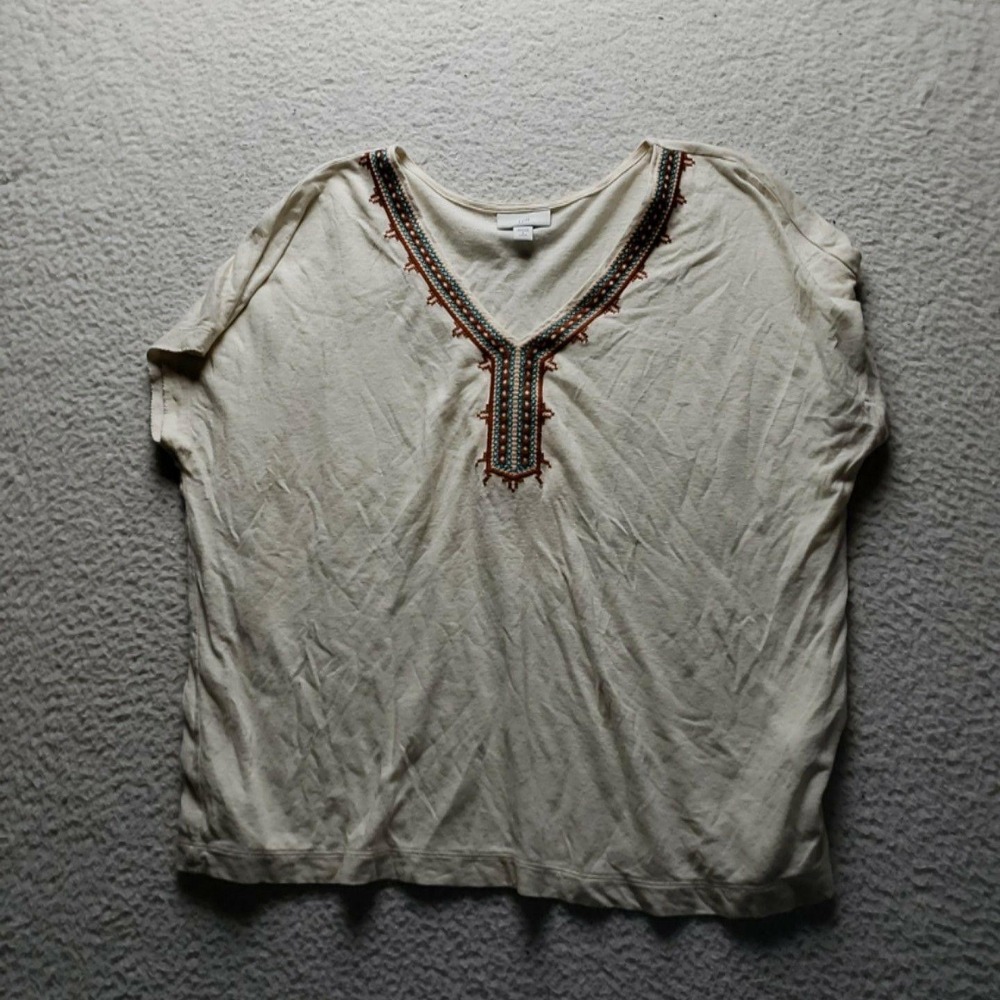 J. Jill Shirt Womens PS Petite White V Neck Short Sleeve Embroidered Linen Top